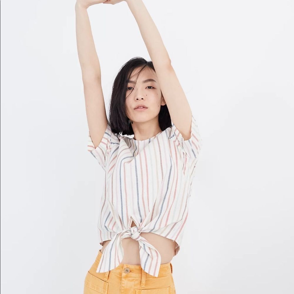 Madewell Button Back Rainbow Boxy Striped Tie Tee